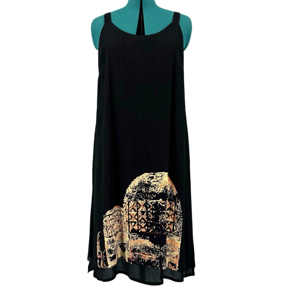 Animale NWT Black Plissé Layered Sleeveless Dress with Mask Graphic, XL